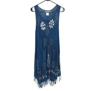 Boho Fringe Hem Turtle‎ Print Sun Dress OS Blue Coastal Cowgirl Ingear Resort